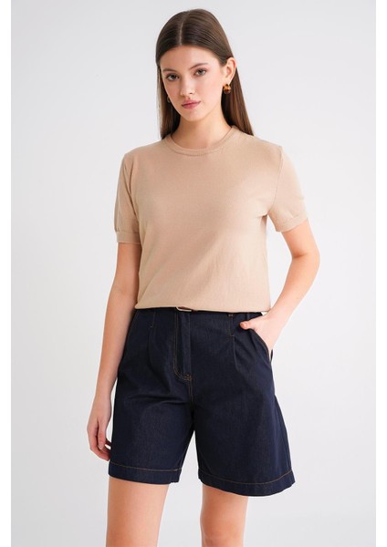 6935 Kadın Basic Triko Kısa Kollu Kazak Bej fiyatları