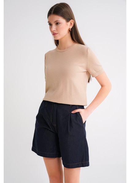 6935 Kadın Basic Triko Kısa Kollu Kazak Bej fırsatları
