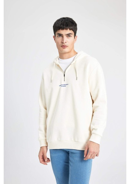 Oversize Geniş Kalıp Kapüşonlu Fermuarlı Sırt Baskılı Sweatshirt B4805AX24SP