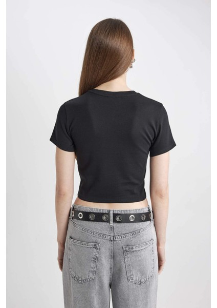 Coool Fitted Ribana Basic Düz Crop Kısa Kollu Siyah Tişört T9631AZ24SM