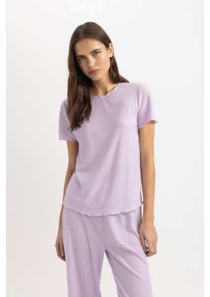 Regular Fit Bisiklet Yaka Kısa Kollu Pijama Üstü-Fall in Love B6701AX24SP