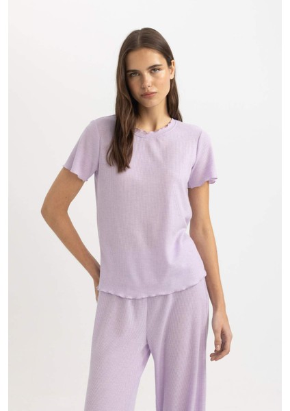 Regular Fit Bisiklet Yaka Kısa Kollu Pijama Üstü-Fall in Love B6701AX24SP