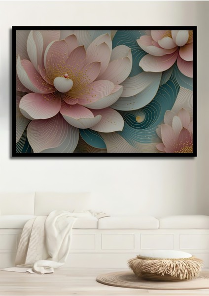 Çerçeve Görünümlü Pembe Lotus Çiçeği Yağlı Boya Görünümlü Dekoratif Ahşap Ev/işyeri/ofis Kare Tablo