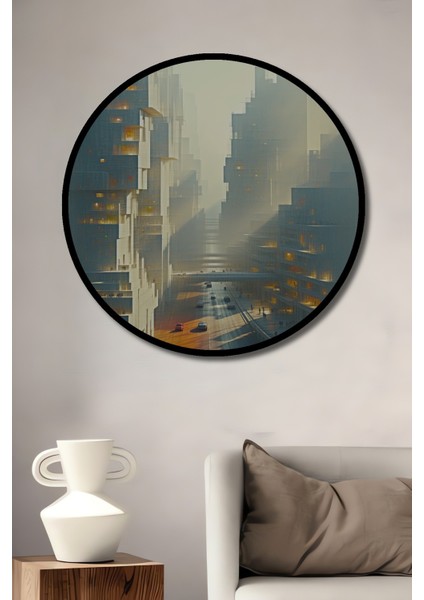Çerçeve Görünümlü Fütüristik Şehir Manzarası Yağlı Boya Görünümlü Ahşap Ofis Yuvarlak Tablo