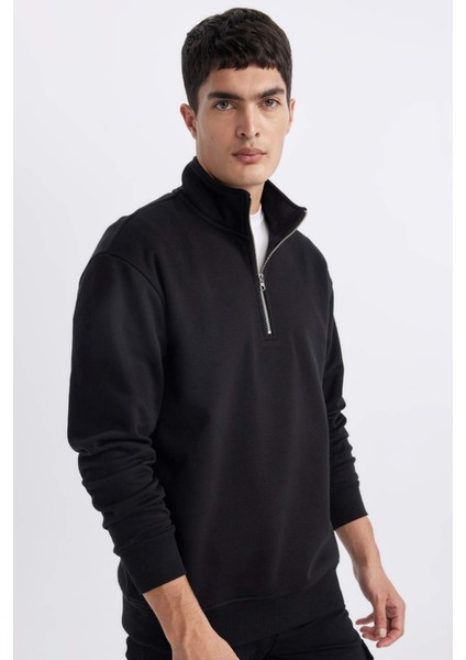 Comfort Regular Fit Rahat Kalıp Fermuarlı Dik Yaka Basic Düz Sweatshirt X7405AZ24SP
