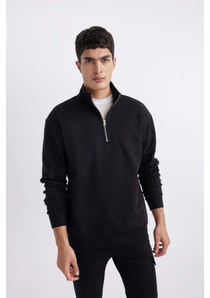 Comfort Regular Fit Rahat Kalıp Fermuarlı Dik Yaka Basic Düz Sweatshirt X7405AZ24SP