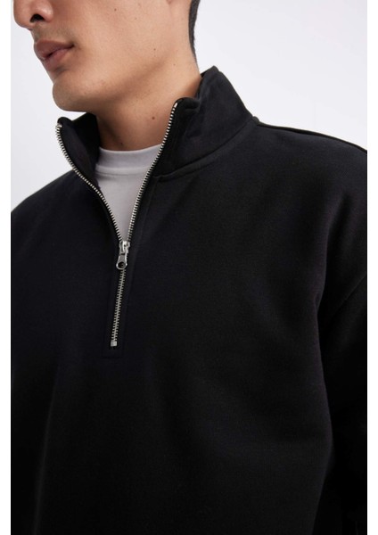 Comfort Regular Fit Rahat Kalıp Fermuarlı Dik Yaka Basic Düz Sweatshirt X7405AZ24SP