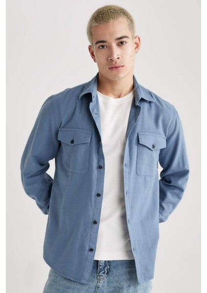 Regular Fit Polo Yaka Basic Düz Pamuklu Uzun Kollu Gömlek B2654AX24SP