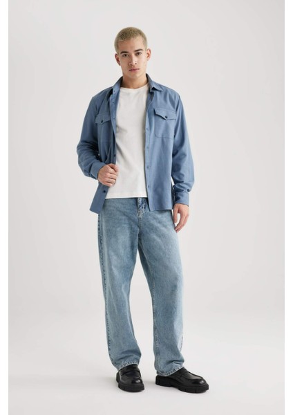 Regular Fit Polo Yaka Basic Düz Pamuklu Uzun Kollu Gömlek B2654AX24SP