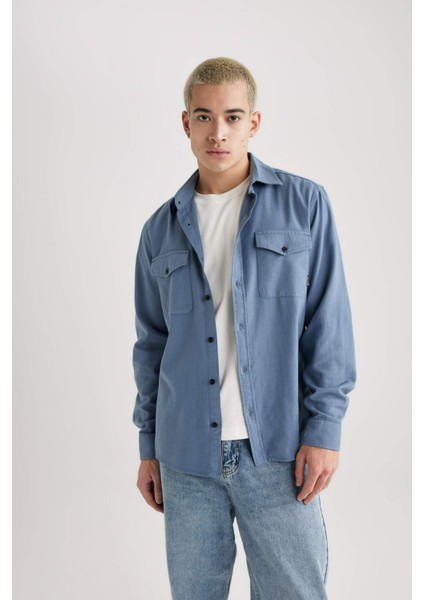 Regular Fit Polo Yaka Basic Düz Pamuklu Uzun Kollu Gömlek B2654AX24SP