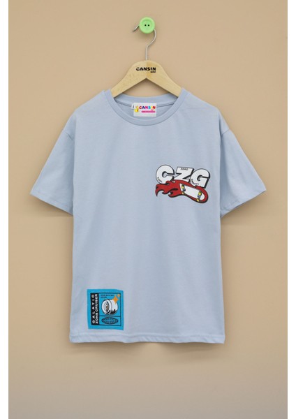 Mavi Kaykay Baskılı Yazılı Erkek Çocuk Bisiklet Yaka Tişört 20918