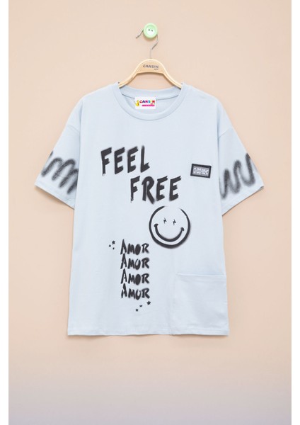 Mavi Cep Detaylı Yazı Baskılı Erkek Çocuk Bisiklet Yaka Tişört 20908