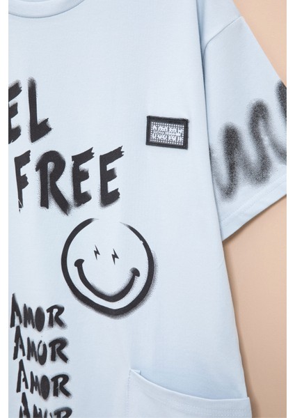 Mavi Cep Detaylı Yazı Baskılı Erkek Çocuk Bisiklet Yaka Tişört 20908 fiyatları