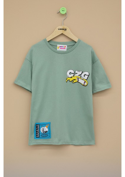 Yeşil Kaykay Baskılı Yazılı Erkek Çocuk Bisiklet Yaka Tişört 20917
