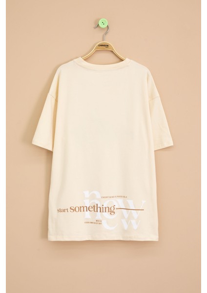 Krem Yazı Nakışlı Sırtı Baskılı Erkek Çocuk Bisiklet Yaka Tişört 20898 modelleri