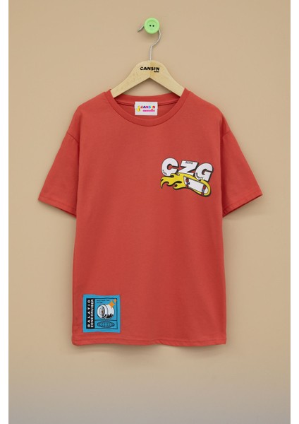 Turuncu Kaykay Baskılı Yazılı Erkek Çocuk Bisiklet Yaka Tişört 20916