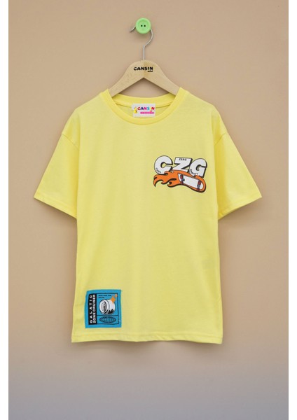 Sarı Kaykay Baskılı Yazılı Erkek Çocuk Bisiklet Yaka Tişört 20915