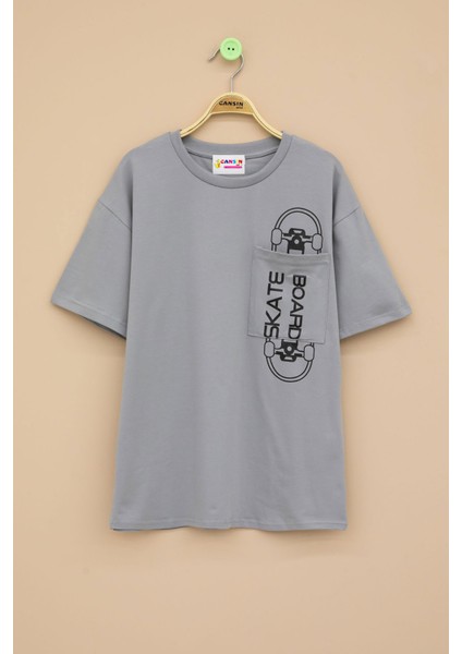 Füme Skateboard Baskılı Cepli Erkek Çocuk Bisiklet Yaka Tişört 20910