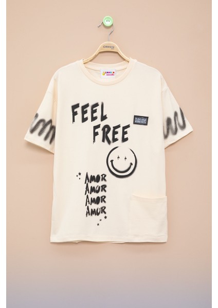 Krem Cep Detaylı Yazı Baskılı Erkek Çocuk Bisiklet Yaka Tişört 20907