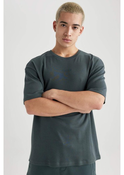 Comfort Regular Fit Rahat Kalıp Bisiklet Yaka Baskılı Kısa Kollu Ağır Kumaş Tişört B4221AX24SP