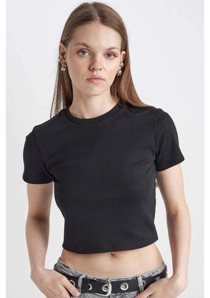 Coool Fitted Ribana Basic Düz Crop Kısa Kollu Siyah Tişört T9631AZ24SM