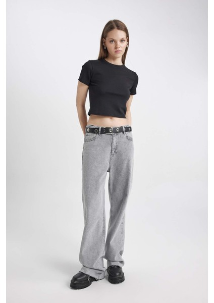 Coool Fitted Ribana Basic Düz Crop Kısa Kollu Siyah Tişört T9631AZ24SM