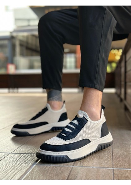 ET0911 Özel Örme Triko Deri Tozu Detaylı Bej Siyah Günlük Spor Ayakkabı
