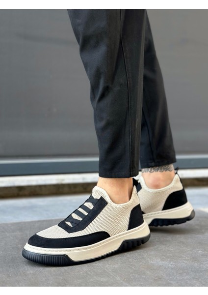 ET0911 Özel Örme Triko Deri Tozu Detaylı Bej Siyah Günlük Spor Ayakkabı modelleri