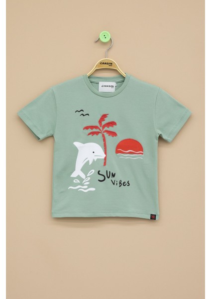 Yeşil Balık Baskılı Nakışlı Erkek Bebek Bisiklet Yaka Tişört 20944