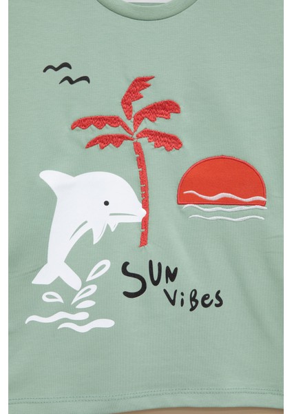 Yeşil Balık Baskılı Nakışlı Erkek Bebek Bisiklet Yaka Tişört 20944 fiyatları