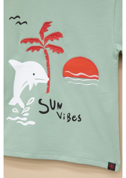 Yeşil Balık Baskılı Nakışlı Erkek Bebek Bisiklet Yaka Tişört 20944 modelleri