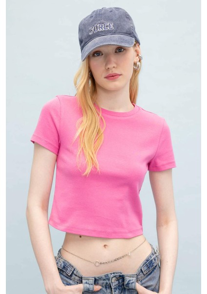 Coool Fitted Ribana Basic Düz Kısa Crop Kollu Pembe Tişört T9631AZ24SM