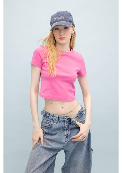 Coool Fitted Ribana Basic Düz Kısa Crop Kollu Pembe Tişört T9631AZ24SM