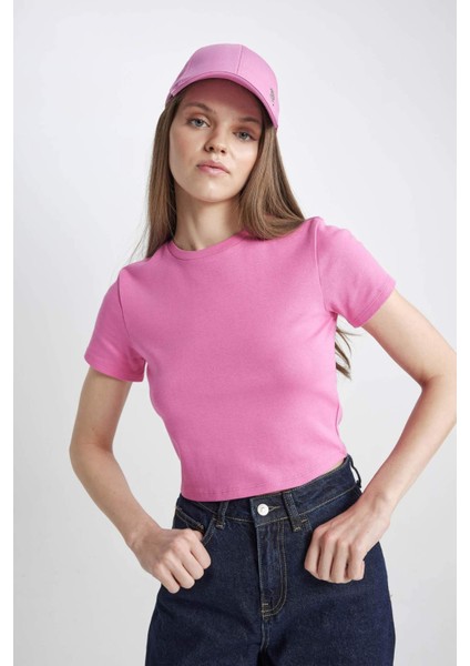 Coool Fitted Ribana Basic Düz Kısa Crop Kollu Pembe Tişört T9631AZ24SM