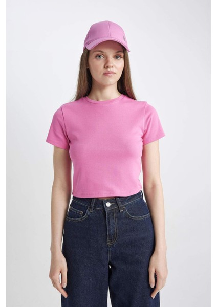 Coool Fitted Ribana Basic Düz Kısa Crop Kollu Pembe Tişört T9631AZ24SM