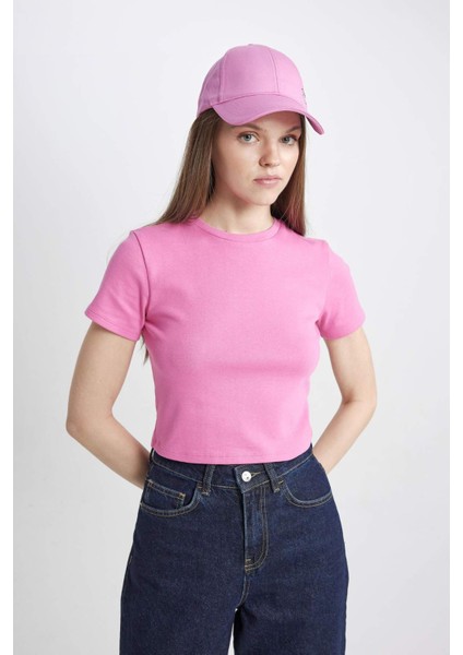 Coool Fitted Ribana Basic Düz Kısa Crop Kollu Pembe Tişört T9631AZ24SM