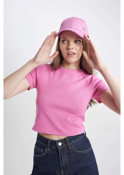 Coool Fitted Ribana Basic Düz Kısa Crop Kollu Pembe Tişört T9631AZ24SM
