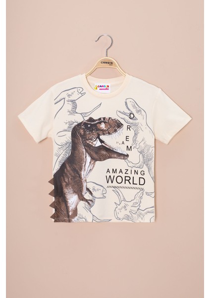 Krem Dinozor Baskılı Bisiklet Yaka Erkek Bebek Tişört 20948