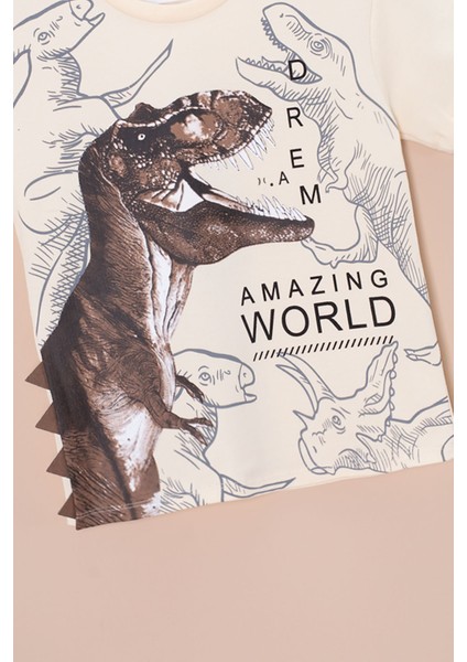 Krem Dinozor Baskılı Bisiklet Yaka Erkek Bebek Tişört 20948 fiyatları