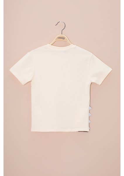 Krem Dinozor Baskılı Bisiklet Yaka Erkek Bebek Tişört 20948 modelleri