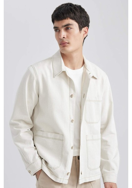 Regular Fit Polo Yaka Keten Karışımlı Düğmeli Cepli Yazlık Gömlek Ceket B4529AX24SP