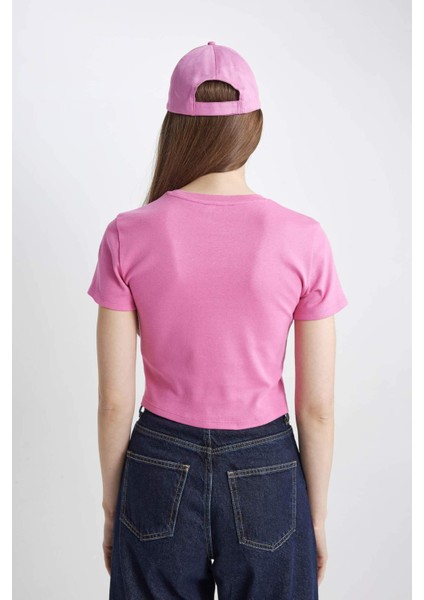 Coool Fitted Ribana Basic Düz Kısa Crop Kollu Pembe Tişört T9631AZ24SM