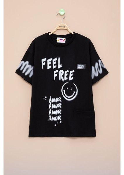 Siyah Cep Detaylı Yazı Baskılı Erkek Çocuk Bisiklet Yaka Tişört 20904