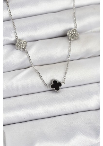 316L Çelik Zincir Gümüş Renk Siyah ve Zirkon Taşlı Baby Boy Yonca Kadın Kolye