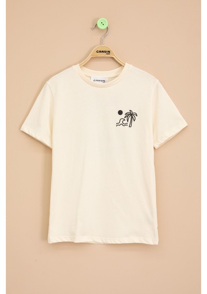 Krem Palmiye Baskılı Sırtı Yazılı Erkek Çocuk Kısa Kol Tişört 20926