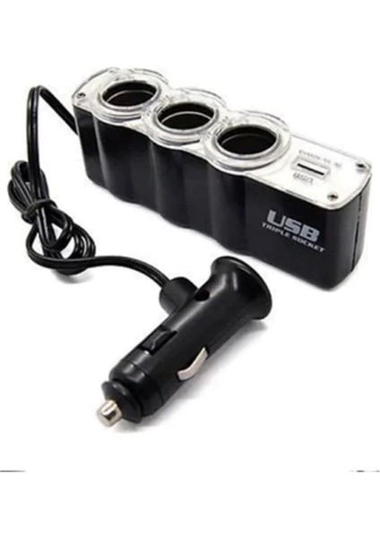 3 Port 1 USB Araç Çakmak Çoğaltıcı Soket, 12V, Çoklu Şarj Adaptörü