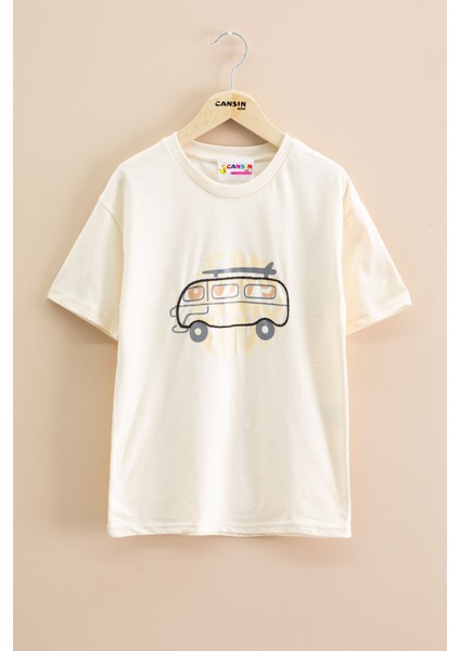 Krem Araba Baskılı Bisiklet Yaka Erkek Çocuk Kısa Kol Tişört 20924