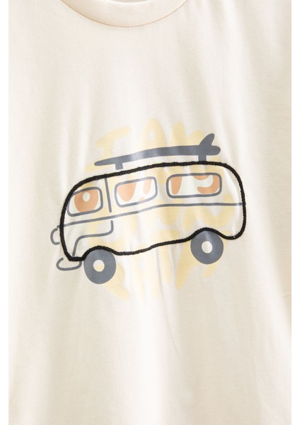 Krem Araba Baskılı Bisiklet Yaka Erkek Çocuk Kısa Kol Tişört 20924 fiyatları