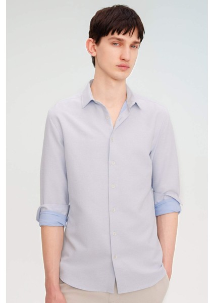 Slim Fit Dar Kesim Polo Yaka Petek Dokulu Uzun Kollu Gömlek B6476AX24SP