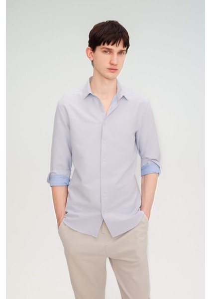 Slim Fit Dar Kesim Polo Yaka Petek Dokulu Uzun Kollu Gömlek B6476AX24SP